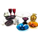 Assorted glassware, including 1930s cake stand, Orrefors tankard, Mdina style vase, ruby glass goble