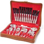 A Flexfit six piece stainless steel cutlery set, in a presentation mahogany case with brass handle.