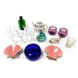 Glass and china ware, including a pair of majolica shell salts, sherry glasses, blue and white teapo