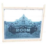 A bar room pub etched glass panel, scrolled interior decoration, marked 'ROOM', in a later pine