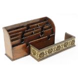 A mahogany desk tidy letter rack and a tapestry banded miniature enclosed book rack, 38cm and 40cm w