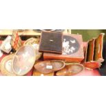 Various treen pictures and effects, to include an Oriental lacquer jewellery box, pair of Delft clog