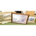 A group of three framed prints, to include after Don Hogan fishing scene, a country landscape in mod