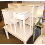 A group of white furnishings, to include a painted white kitchen table, a bedside cabinet, stool, sh