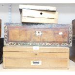 Various writing and cutlery boxes, all lacking inlays and interiors. (3)