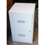 A metal two drawer filing cabinet.