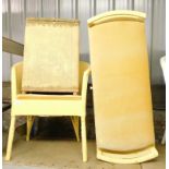 A group of Lloyd Loom style furnishings, each painted in yellow comprising a velvet cushioned blanke