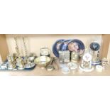 Brassware and effects, to include mantel clocks, brass candlesticks, trinket dishes, miniature warmi