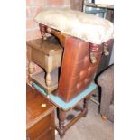 Various stools, to include a leatherette footstool, a gold damask upholstered early 20thC mahogany a