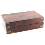 A Victorian rosewood and brass writing box, (AF), 46cm wide.