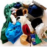 A quantity of ladies vintage clothing, hats, silk and other scarves, etc.