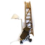 A brass standard lamp, with modern cream shade, 148cm high, folding step ladder and a mobility shopp