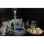 Various moulded glass and effects, vases, large quantity of shells, cut glass bowl, 33cm diameter, v
