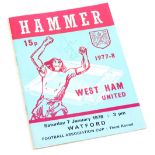 A West Ham United football programme, for a match with Watford 7th January 1978, bearing signature o
