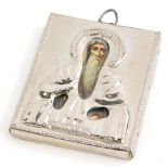 An early 20thC Greek travelling icon, of rectangular form with printed bearded figure, and bead outl