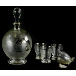 An Art Deco glass part liqueur set, with silver overlay of a nude female. (glasses AF)