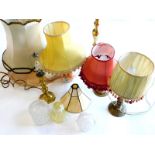 Various table lamps, 19thC Japanese hand painted vase, 23cm high, other brass lamps, a vaseline glas