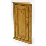 A pine corner cabinet, with a single panelled door on a plinth, 91cm high, 55cm wide.