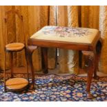 A walnut stool, with a drop in seat, on cabriole legs and a two tier cake stand.