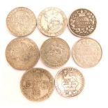 Various coins, shillings, George II 1758, George III 1787, rare George IV 1829 with fine definition,