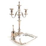 A silver plated three branch candelabrum, salver, and a commemorative bell,.