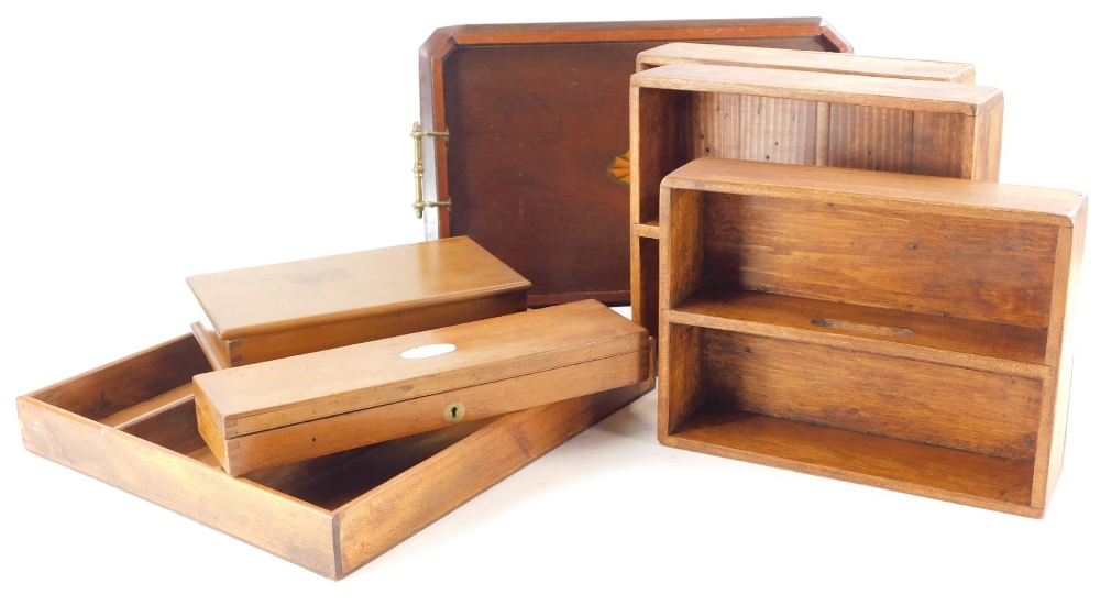 A quantity of wooden items, to include mahogany galleried tray with brass handles, cutlery tray, and