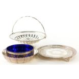 Various silver plated ware serving pieces, pierced dish with blue glass liner, 17cm diameter, early