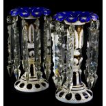 A pair of 19thC Bohemian blue, clear and milk glass lustres, each with floral tops and inverted stem