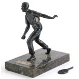 Mid 20thC School. A bronzed spelter figure of a tennis player, on rectangular marble base, inscribed