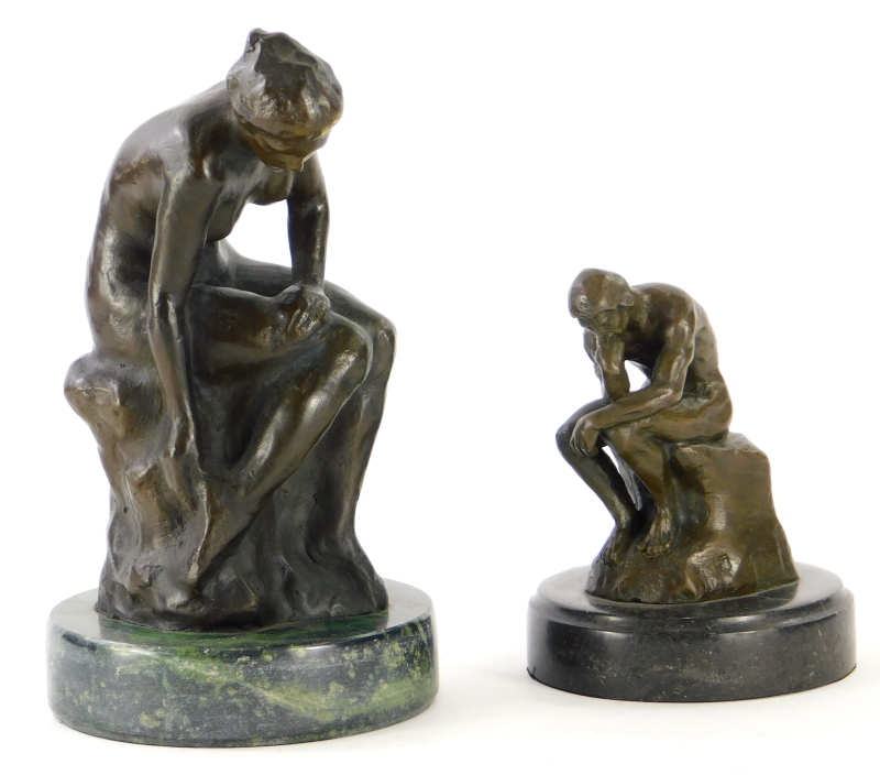 After Rodin. The Thinker, bronze style statue on plain base, bearing signature, 16cm high, and a fu