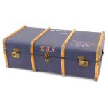 A canvas and wooden bound trunk, 90cm wide.