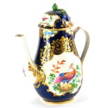 An early 19thC Coalport coffee pot, with reserves of Asiatic pheasants and insects within bleu de ro