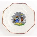 A 19thC child's pottery plate, of octagonal form, printed with children and horses, inscribed Englan