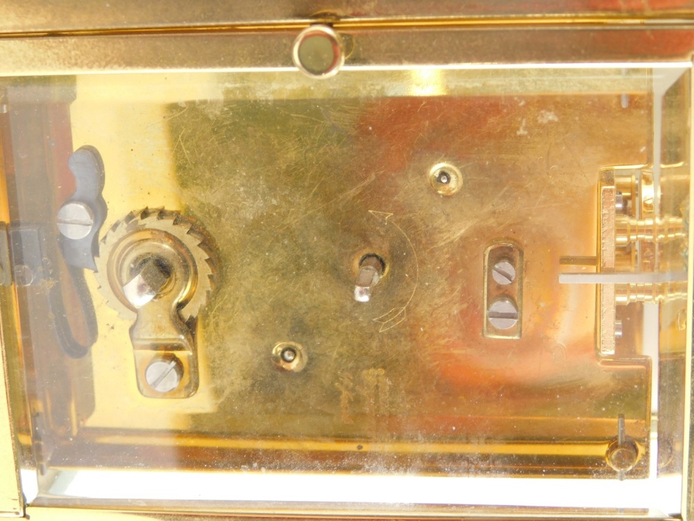 A brass carriage clock by Shortland Bowen, with bevelled glass sides, the movement stamped Made In E - Image 3 of 4