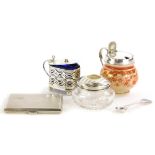 A collection of small silver, etc., to include a pierced mustard pot with blue glass liner, Art Deco