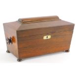 A Victorian rosewood tea caddy, of sarcophagus form, with two domed top compartments and mixing jar,