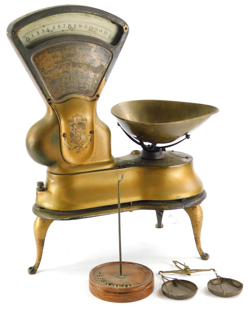 A set of W & T Avery Limited scales, with gilt decoration, enamel style register etc., 36cm wide, an