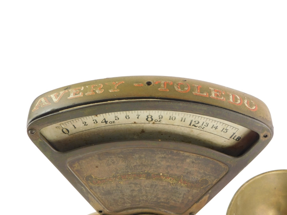 A set of W & T Avery Limited scales, with gilt decoration, enamel style register etc., 36cm wide, an - Image 2 of 2