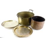 A large two handled brass preserve pan, and various other metalware.