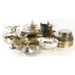 Various silver plated ware, a galleried edge tray of shaped oval form, with part gadrooned decoratio