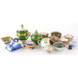 Two continental porcelain miniature square dishes with portraits, a small Japanese Kutani bowl, mini