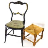 A Victorian mother of pearl inlaid bedroom chair, and rush seated stool (2).