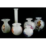 A collection of Mdina white and coloured mottled glass, mainly vases in differing colours and shapes
