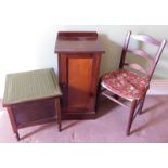 A late Victorian mahogany pot cupboard, kitchen chair and a boxed commode. (3)