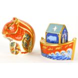 A Royal Crown Derby paperweight ornament squirrel gilt stopper, 10cm high, and a further Noah's ark