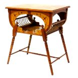 A marquetry two tier occasional table in the manner of Galle, the rectangular top inlaid with tulips