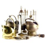 A quantity of metalware, to include three brass coal scuttles, fire tongs, etc.