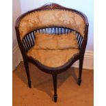 An Edwardian string inlaid marquetry and mahogany corner low chair, with damask upholstery, square t