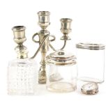 A collection of small silver and silver plated items, to include three silver mounted glass jars, va