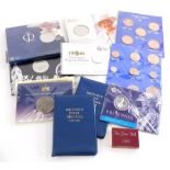 Various coins, Royal Mint London 2012 five pound proof coin in outer packaging, others similar to in